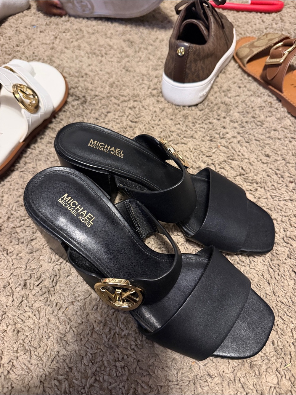 Michael Kors Black Leather Block Heel Sandals with Gold MK Accent
